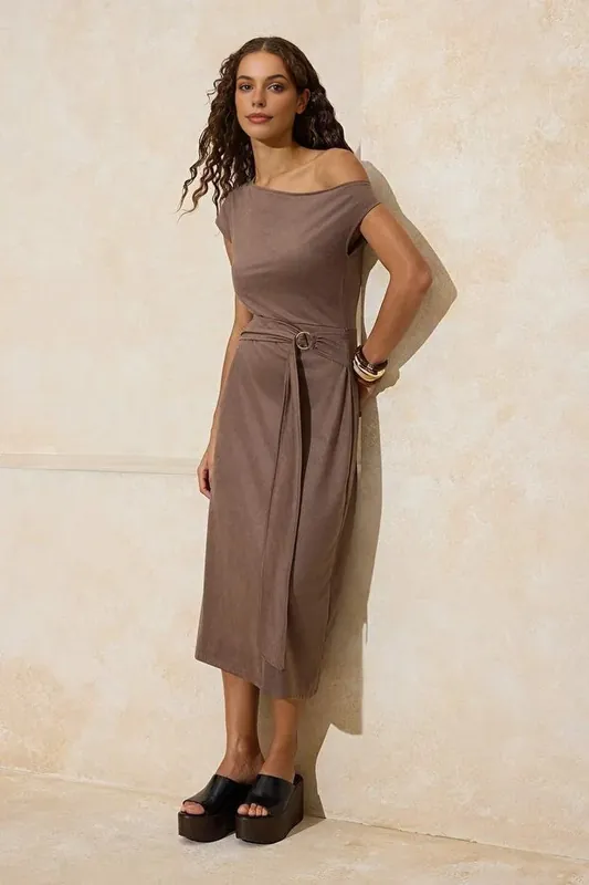 Belted Asymmetric Neck Cap Sleeve Suede A-Line Midi Dress