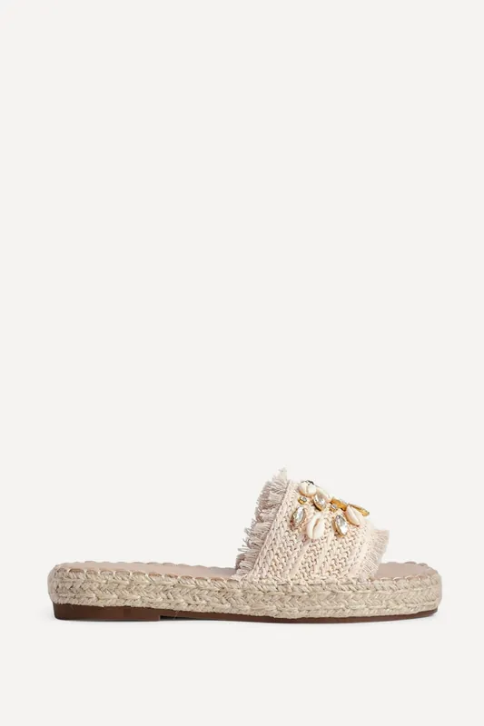Seaside Beige Raffia Embellished Sliders - Linzi