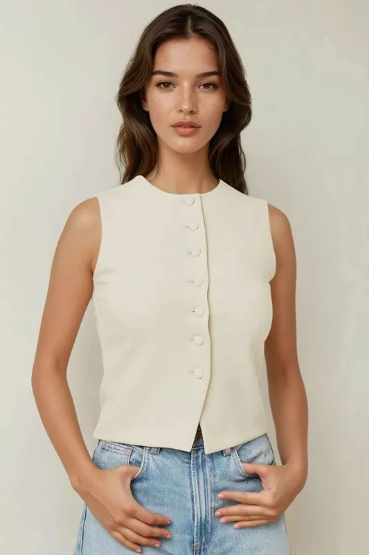 Fitted Crew Neck Waistcoat with Button Detail - Hiccup