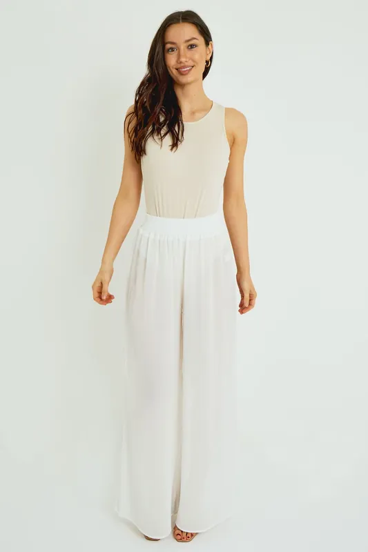Chiffon Wide Leg Beach Trousers – White - ELAINA FASHION