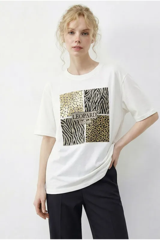 Leopard Print Sequin Crew Neck T-Shirt