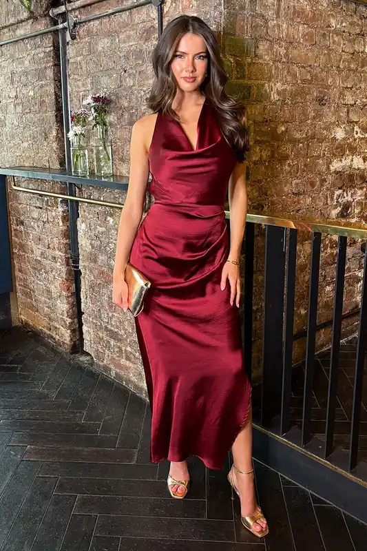 Wine Satin Cowl Neck Cross Back Midi Dress - AX Paris