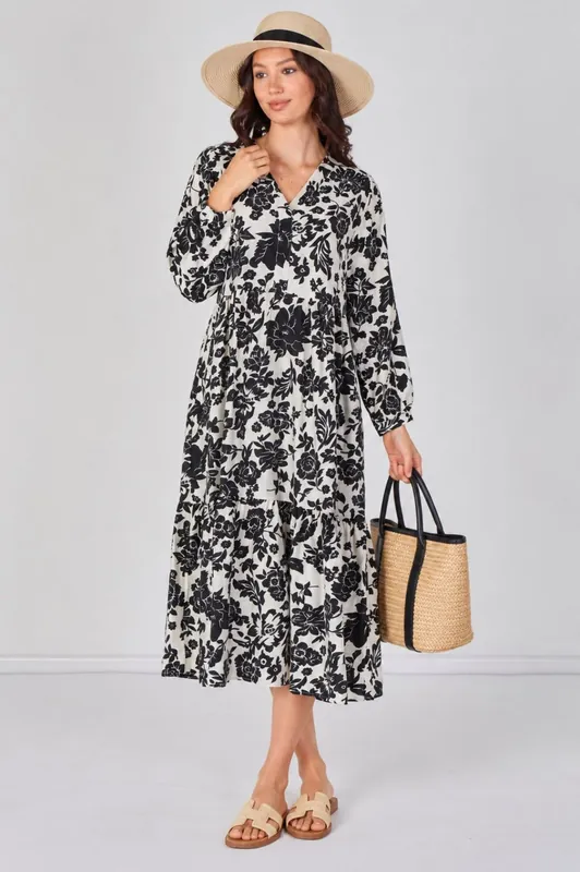 Monochrome Bloom Smock Midaxi Dress - Love Sunshine