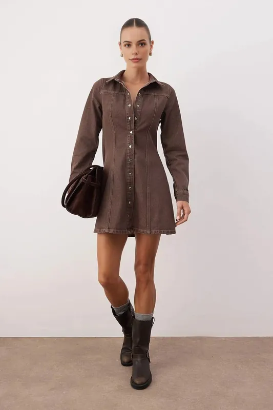 Button Front Mini Denim Shirt Dress - WOVCOR