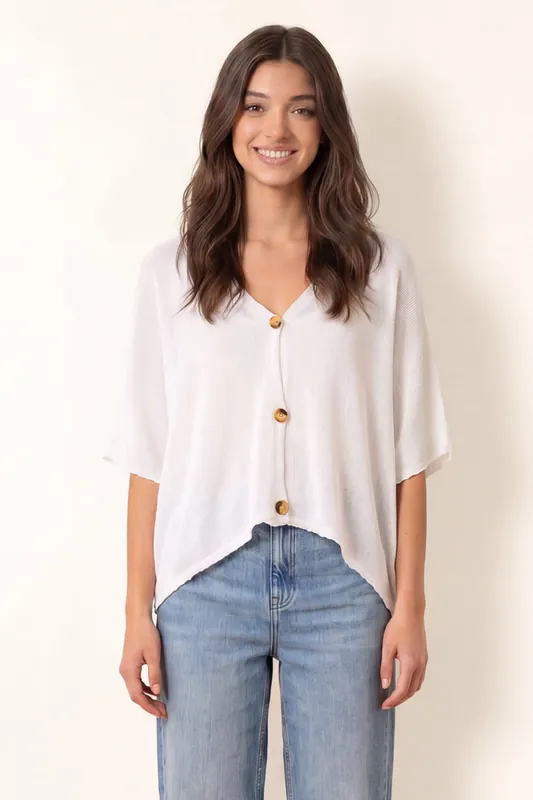 White Thin Knit Button Front Boxy Cardigan - Blue Vanilla