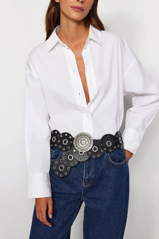 Faux Leather Belt with Metal Disc Detail - WOVCOR