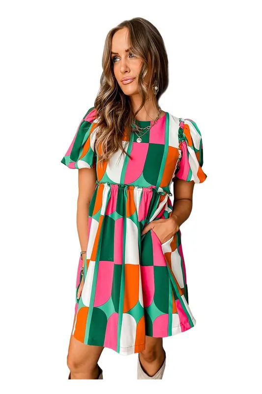 Green Abstract Print Puff Sleeve Short Dress - Everyday The Label