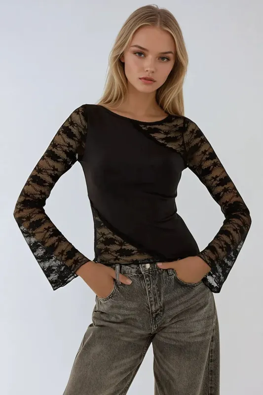 Long Sleeve Blouse with Lace Detail - Hiccup