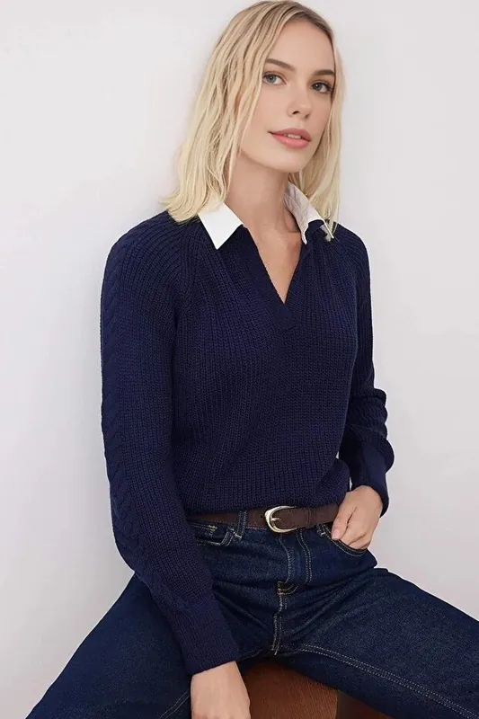 Shirt Collar Trim Textured Knitted Jumper - WOVCOR