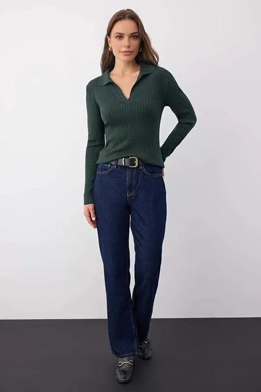 Polo Collar Ribbed Knit Sweater - WOVCOR