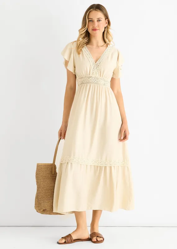 Beige Crochet Lace Panel Elasticated Waist Midi Dress - Gini London