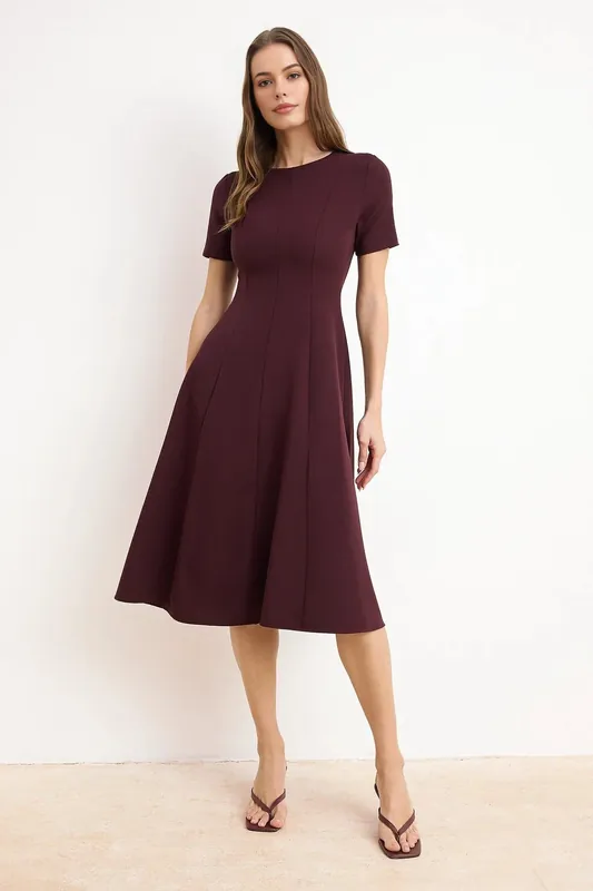 Round Neck Short Sleeve Fit and Flare Midi Dress - WOVCOR