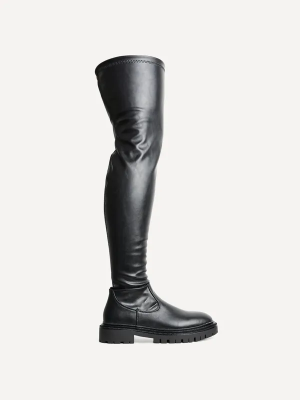 Sonny Black Stretch Faux Leather Over The Knee Long Boot - Linzi