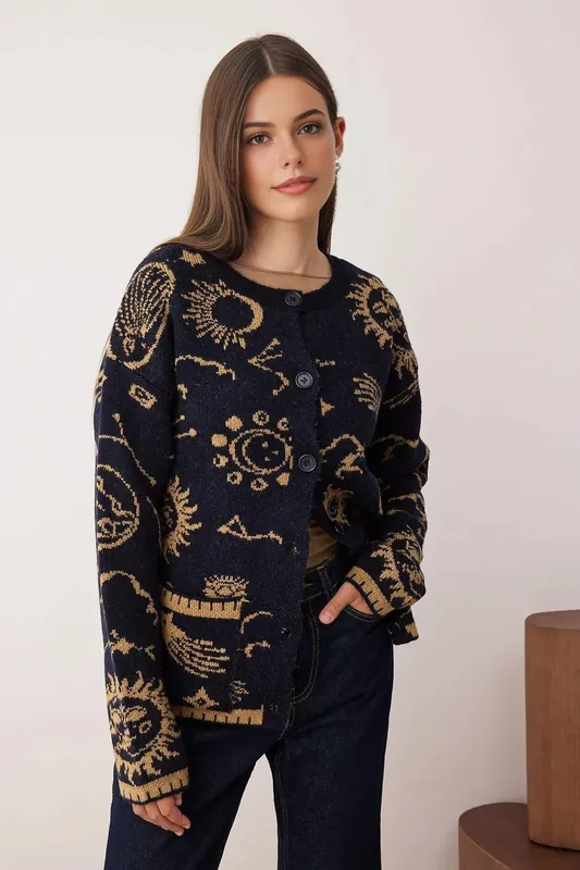 Patterned Button Front Round-Neck Knit Cardigan