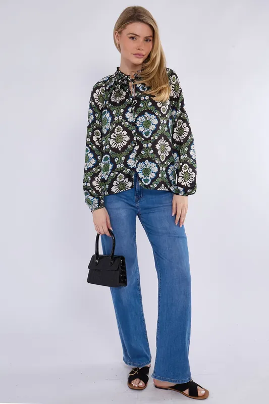 Black Baroque Floral Print Tie Lace Satin Blouse - Love Sunshine