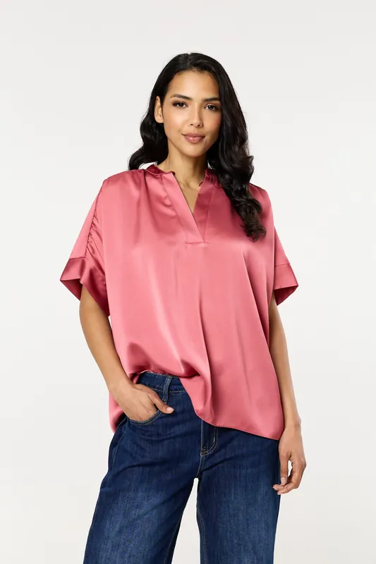 Pink Satin V-Neck Short Sleeve Top