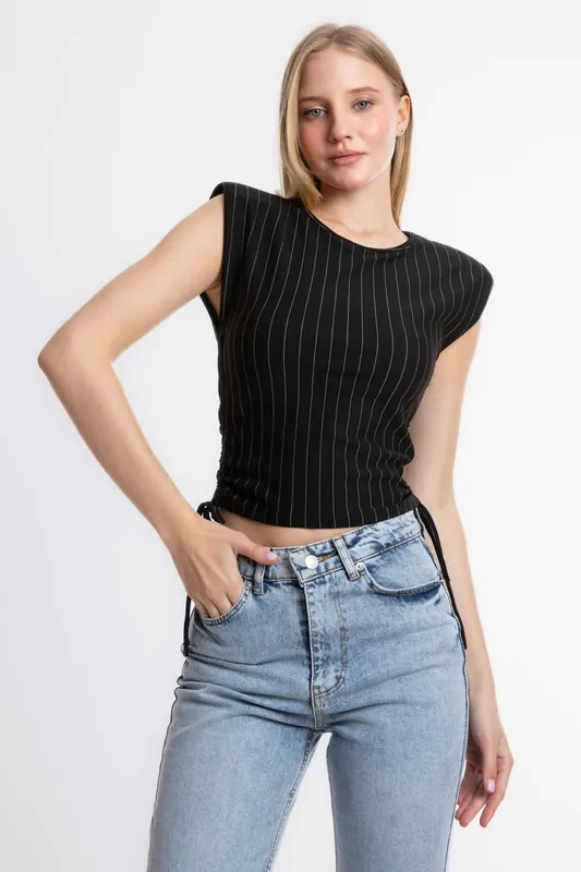 Striped Round Neck Ruched Sides Drawstring Blouse - Hiccup