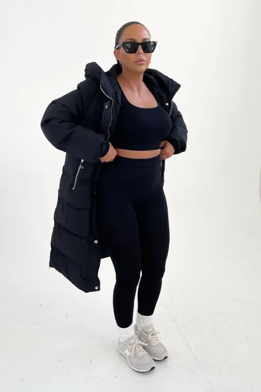 Black Hooded Longline Padded Zip Up Midi Coat - Femme Luxe