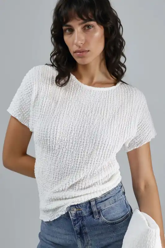 Textured Crew Neck Blouse - Hiccup