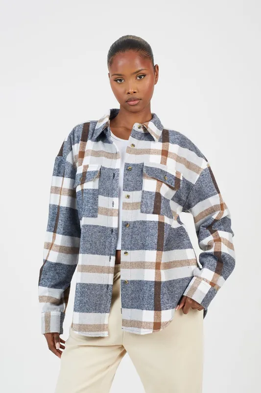 Check Print Long Sleeve Fleece Shirt - Brave Soul