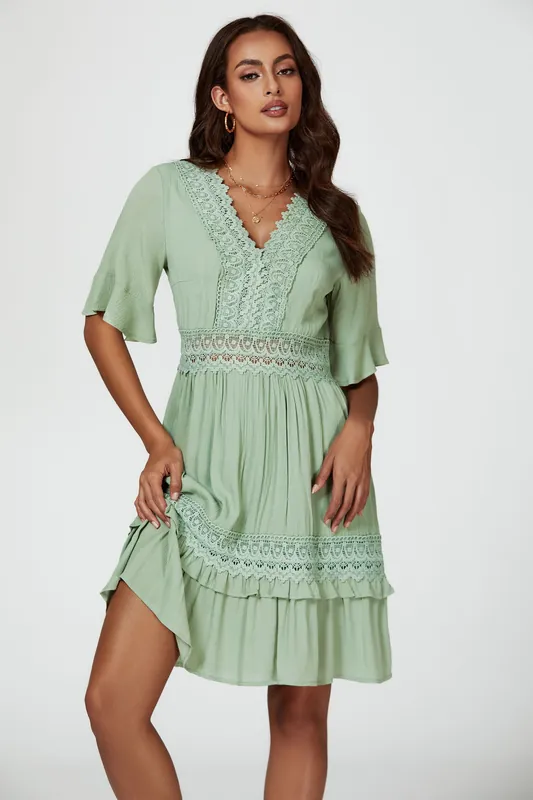 V Neck Lace Mini Dress - FS Collection