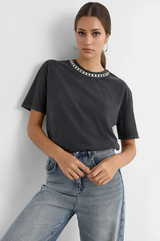 Stone-Embellished Washed Short Sleeve T-shirt