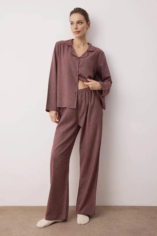 Revere Collar Long Sleeve Cotton Flannel Woven Wide Leg Pyjama Set - WOVCOR