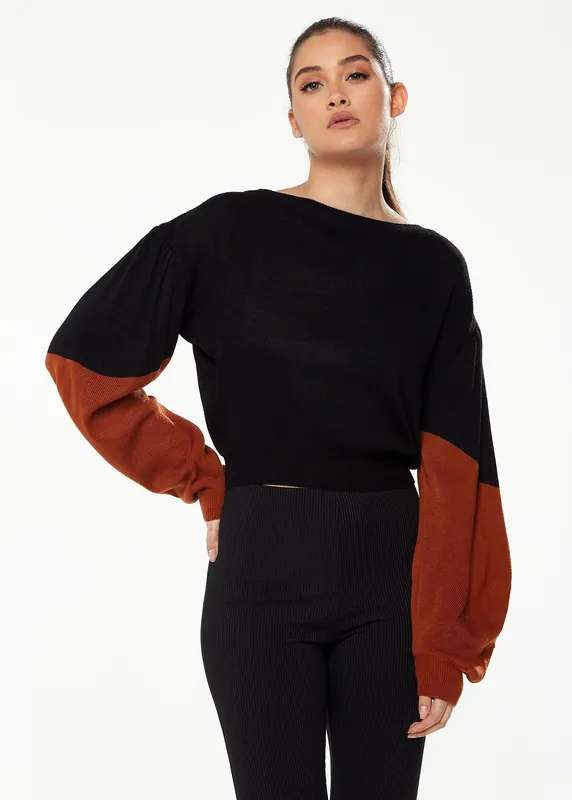 Crop Jumper in Black with Contrast Sleeves in Brown - Liquorish