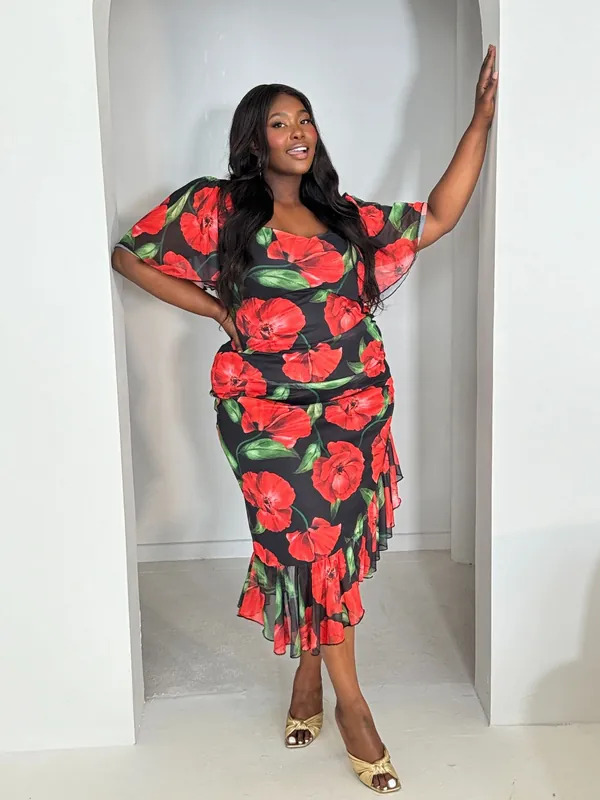 Curve Rose Print Flutter Sleeve And Ruffle Mesh Midi Dress - FASHION-SZN
