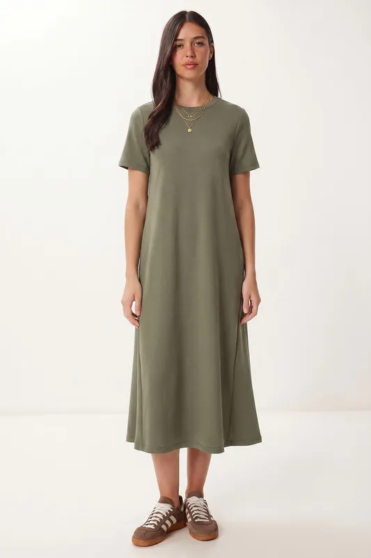 Midi Dress with Short Sleeves and Crew Neck - Happiness Istanbul