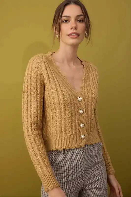 Soft Textured Crop Knit Cardigan With Pearl Buttons - WOVCOR
