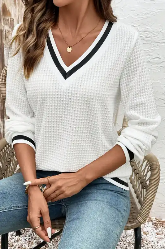 White Textured Knit Preppy Striped Trim V Neck Pullover Waffle Top - Everyday The Label