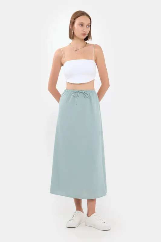 High-Waist Solid Midi Skirt with Drawstring