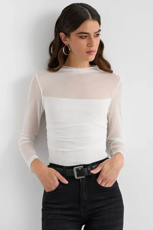 Mesh Cropped High-Neck Blouse with Ruched Detail