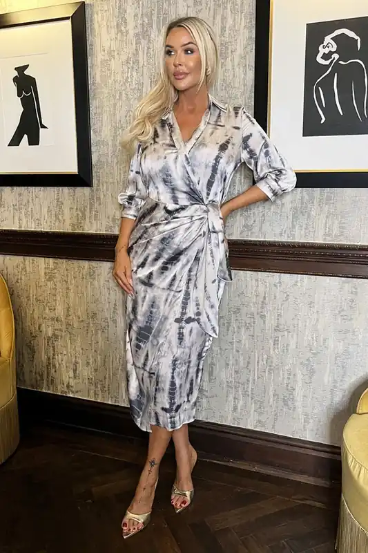 Grey Printed 3/4 Sleeve Side Tie Waist Wrap Shirt Midi Dress - AX Paris