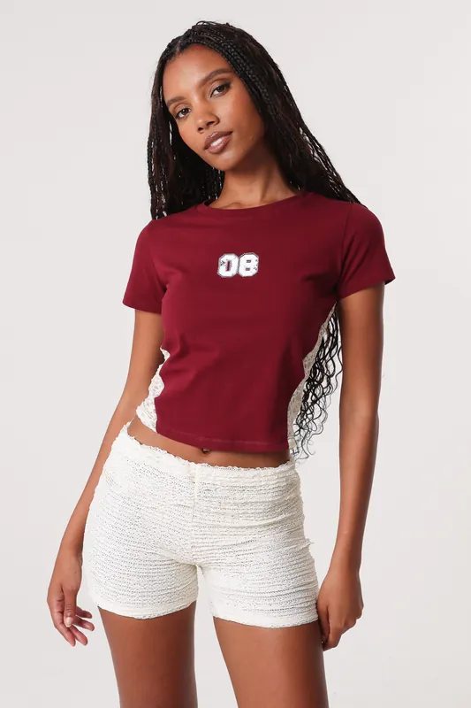 Dark Red Lace Panel T-shirt With Diamantes