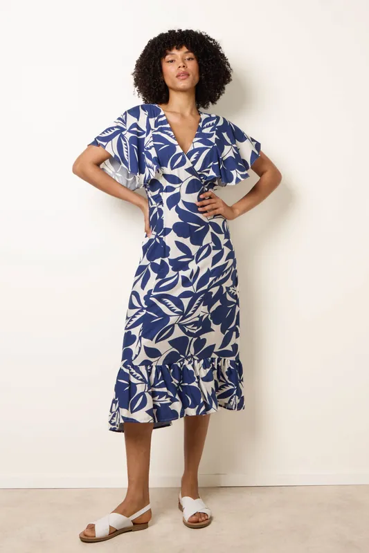 Blue Printed V Neck Dress - Blue Vanilla