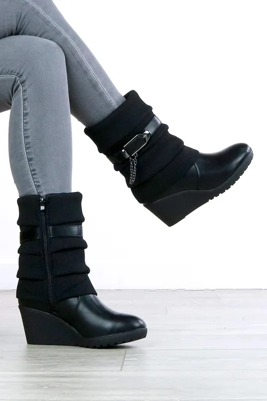 Mid Wedge Heel Slouch Ankle Sock Boots - AJVANI
