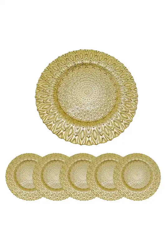 33cm Set of 6 Charger Plates Peacock Design Glass Plates for Dinner Table Decoration - Neel Blue
