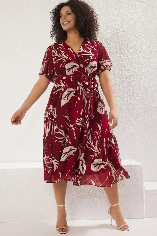 Abstract Leaf Print Tie Waist Midi Wrap Dress - WOVCOR