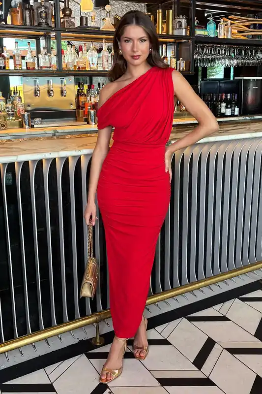 Red Off The Shoulder Draped Top Midi Dress - AX Paris