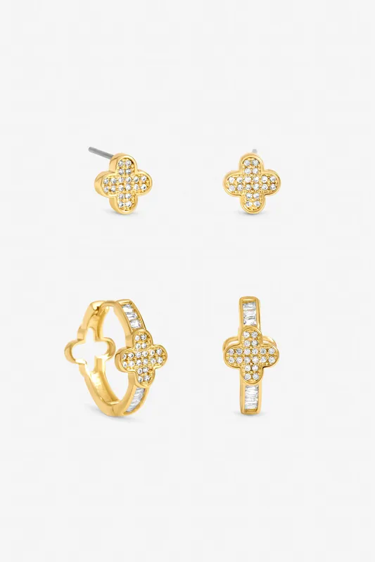 Gold Plated and Pave Clover Hoop Earrings - Pack of 2