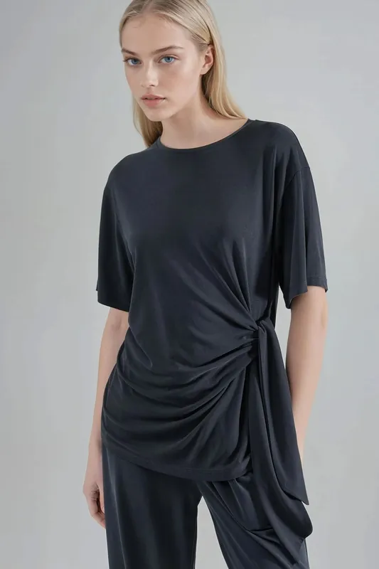 Loose Fit Crew Neck Modal Blouse with Tie Detail - Busem