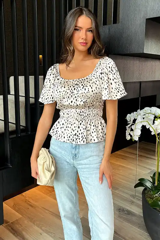 Cream And Black Spot Printed Flutter Sleeve Shirred Waist Top - AX Paris
