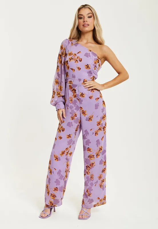 Purple Floral Asymmetrical Jumpsuit - Liquorish