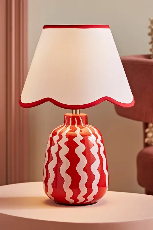 Katy Red and Pink Wiggle Table Lamp with Scallop Trim Lamp Shade - ValueLights