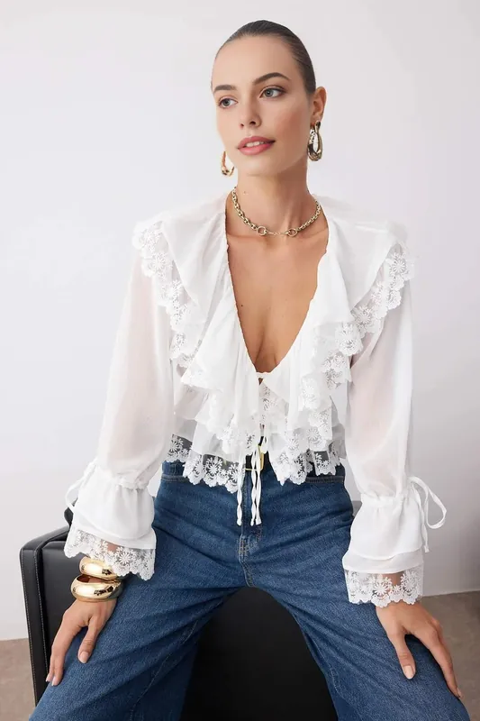 Lace Trim Ruffle Detail Tie Front Woven Blouse - WOVCOR