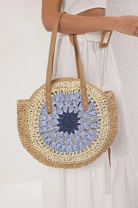 Crochet Straw Round Beach Tote Bag with Contrast Centre - WOVCOR