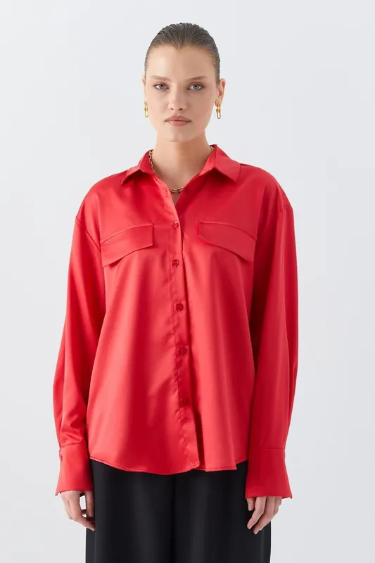 Satin Button-Up Shirt with Pocket Detail