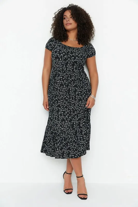 Ditsy Floral Print Square Neck Midi Dress - WOVCOR